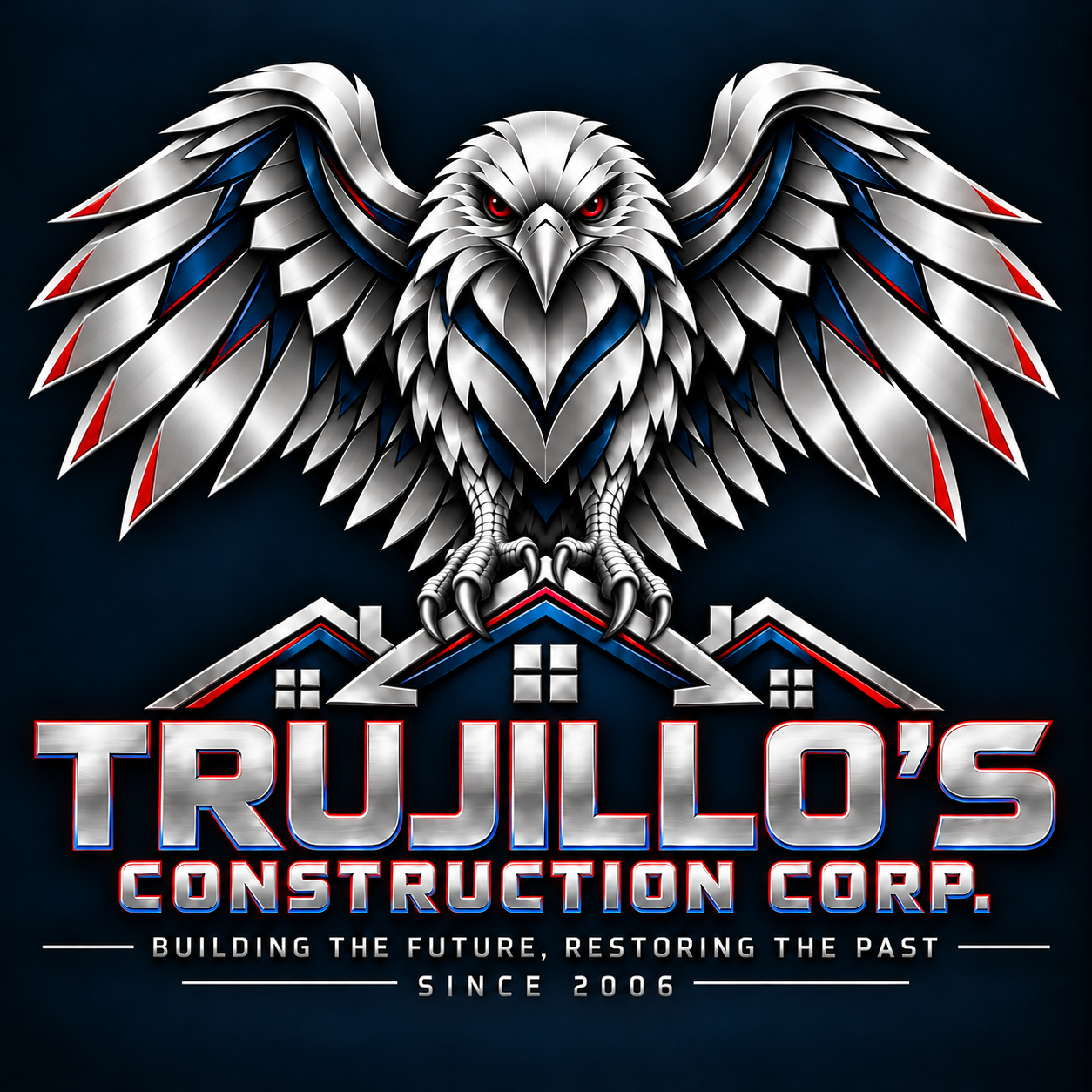Trujillo's Construction Corp. corporate logo: silver eagle landing on the center roof of three houses