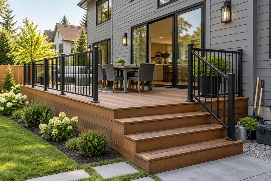 New exterior deck with wood-tone boards and black railing