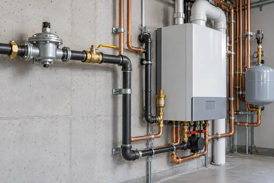 Modern heating boiler and neatly installed natural gas supply piping