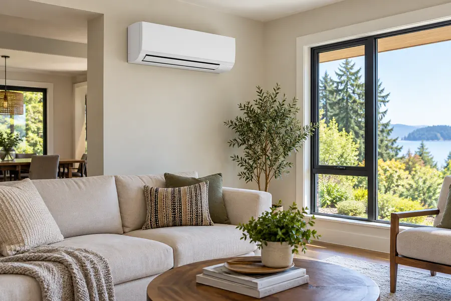 Ductless mini-split heat pump mounted in a contemporary living room