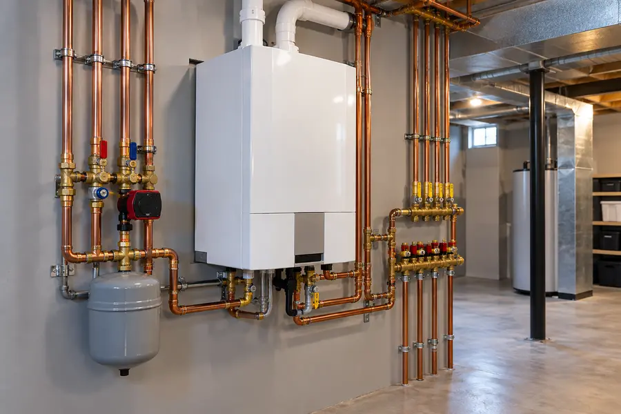 Wall-mounted compact combi boiler with organized copper piping